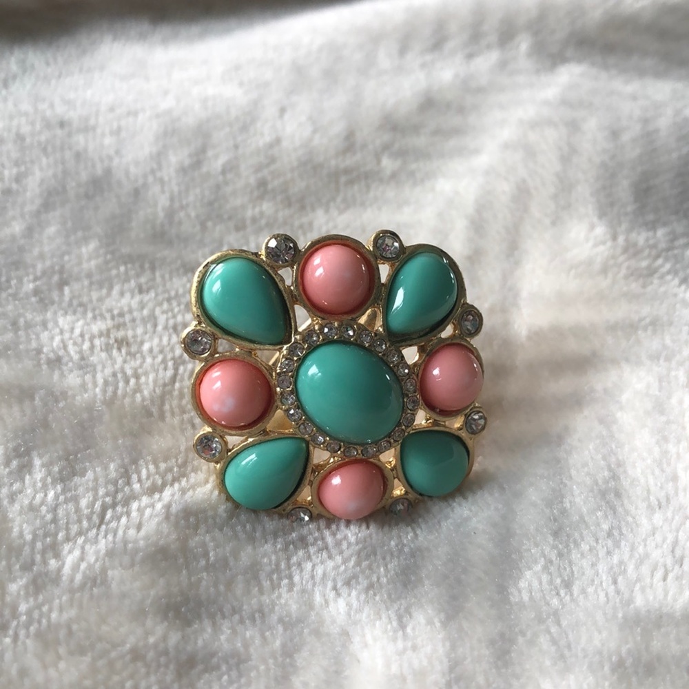Gold-Tone Pink & Teal Cocktail Ring